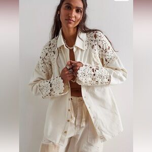 We The Free People Lace Daze Crochet Lace Sleeve Shirt Jacket